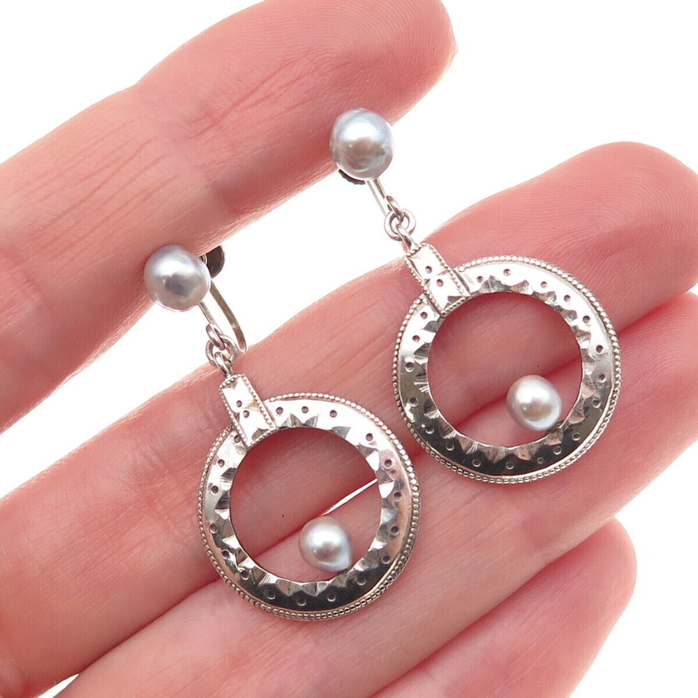 925 Sterling Silver Antique Art Deco Real Pearl Dangle Screw Back Earrings